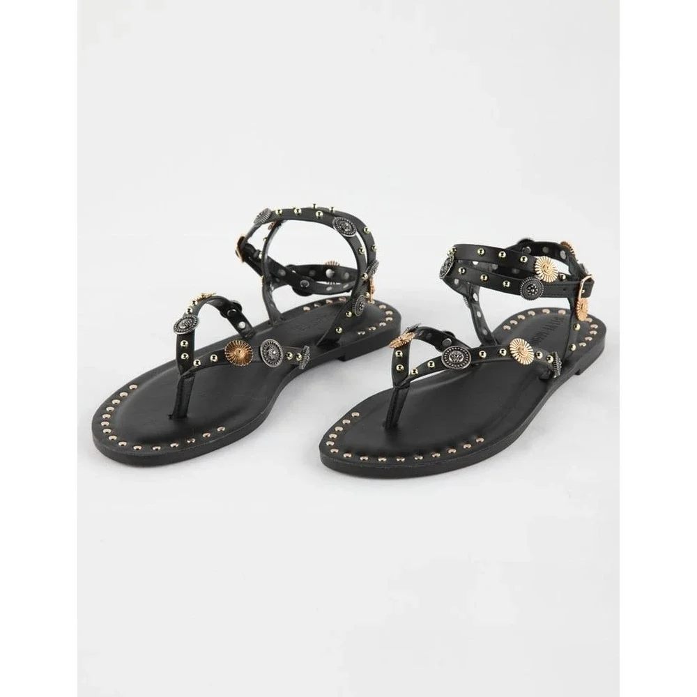 Steve Madden Recent Black Studded Gladiator Sandals Mixed Metal Boho Flat 9.5M